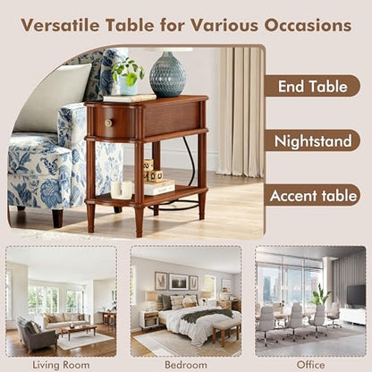Nightstand with Charging Station & Drawer, Pre-Assembled Vintage Side Table with Shelf, Rustic Wood Finish Narrow End Table with Turned Legs for Bedroom Living Room, Caramel Walnut Brown, 1Pc