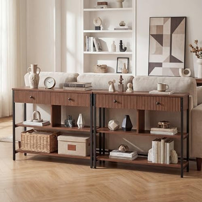 Manora Fluted Console Table with Wooden Drawers, Slim Entryway Table with Open Shelf, Tall Thin Side Table for Couch, Small Sofa Side Table for Hall, Hallway, Bedroom, Living Room, Foyer, Walnut