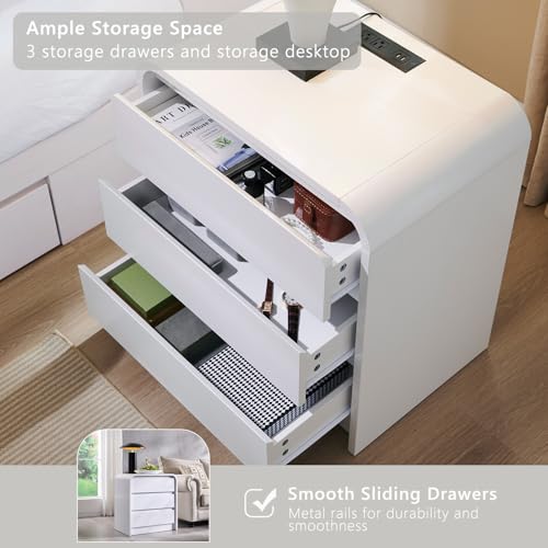 Aitjunz 25" Tall Modern Nightstand with Charging Station, 23.6'' Wide Wood Bedside Table w/3 Storage Drawers, Small Dresser w/Curved Profile Design, End Table for Bedroom, White - color: White