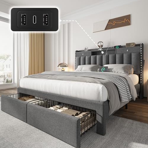 CypBed Full Size Bed Frame with Headboard & 2 Storage Drawers & Dark Grey | Upholstered Platform Bed Frame with 3 USB & Type-C Charging Ports, Solid Wood Slats, No Box Spring Needed, No-Noise - color: Grey, size: Full