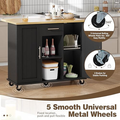 Shintenchi Kitchen Island with Storage, Bar Cart Cabinet Island Table on Wheels, Rolling Microwave Cart for Kitchen with Drop Leaf, Drawers, Towel Rack, Seating Area for Dining Room, Black - color: Black-42 Inch