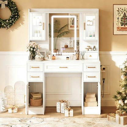 Vanity Desk with Mirror and LED Lights & Power Outlet | Large Makeup Vanity Table with 5 Drawers and 4 Storage Cabinets, White Dressing Table for Bedroom - size: 043 Pure White