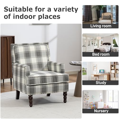 Accent Chair, Plaid Gingham Comfy Cozy Modern Accent Chairs | Mid-Century Upholstered Lounge Arm Chair with Solid Wood Frame for Living Room/Bedroom-Gray Plaid - color: Sackcloth-gray Plaid(s001)