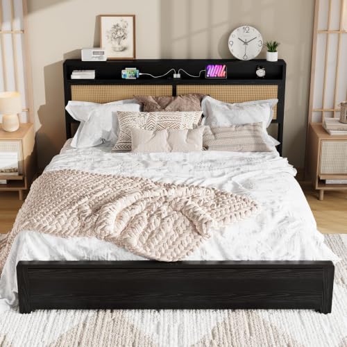 Garvee King Wooden Rattan Bed Frame Bohemian with Storage and LED Lights | Cane Headboard with Charging Station, Wooden Slats, Noise-free, No Box Spring. Country Farmhouse Bed Frames Black - color: Black, size: King
