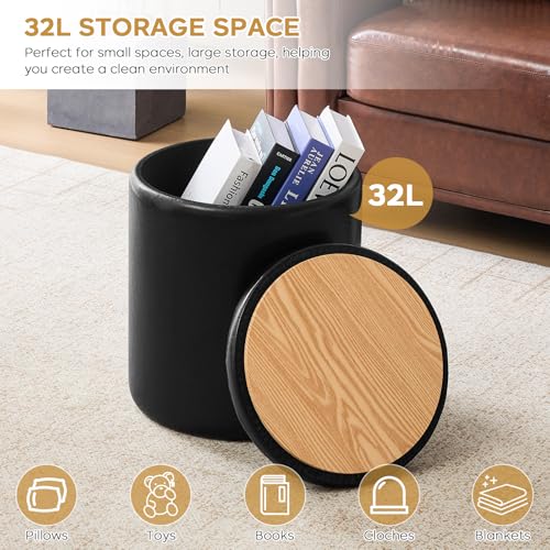 oakvivo Round Ottoman with Storage Set of 2, 12.6" W x 14.17" H & 14.76" W x 17.32" H Faux Footstool Storage Ottomans for Bedroom, Living Room Padded Coffee Table Ottomen, Black - color: Black