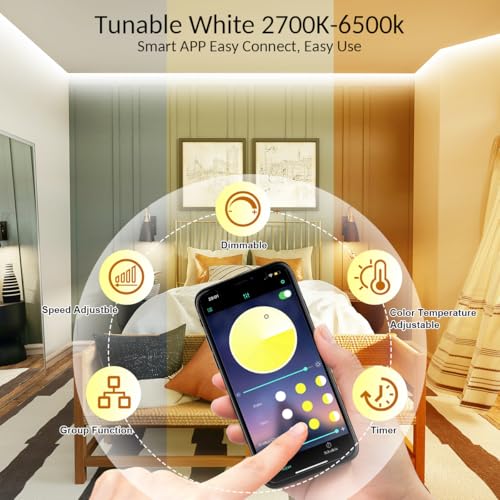 White LED Strip Lights, 100ft Dimmable Bright 24V Led Tape Light with Remote and App Control, 2700K-6500K White 1800 LEDs Lights for Bedroom, Kitchen, Ceiling (2 Rolls of 50ft) - style: 2 Rolls of 50ft