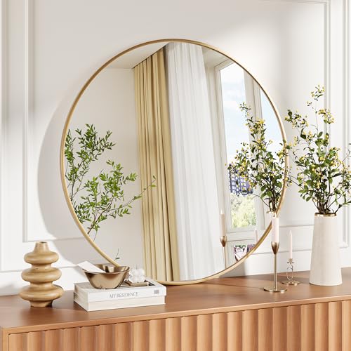 36" Gold Round Mirror for Wall, Large Circle Bathroom Mirror, Matte Gold Metal Frame, HD Eco-Friendly Glass, Contemporary Vanity Entryway Hallway Living Room Home Decor, Easy to Hang - color: Gold, size: 36"L x 36"W