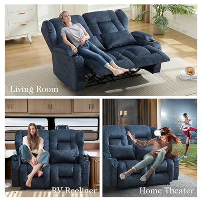 Loveseat Recliner Sofa,RV Wall Hugger Recliners for Small Spaces,Reclining Loveseat Sofa Recliner with Cup Holders/Lumbar Pillows,RV Furniture (Blue,56" 2-Seater) - color: Blue, size: 56" 2-Seater