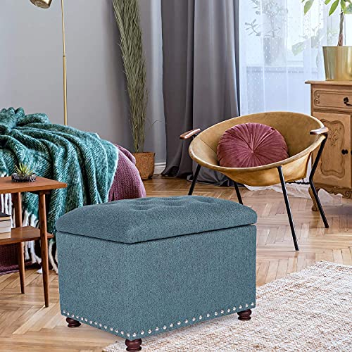 24’’ Rectangular Upholstered Storage Ottoman for Living Room- Fabric Foot Stool with Nail-Head Trim- Chests and Organizers, Load Up to 350 lb, Lake Blue - color: Lake Blue