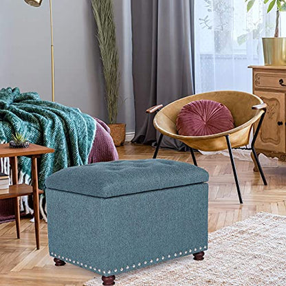 24’’ Rectangular Upholstered Storage Ottoman for Living Room- Fabric Foot Stool with Nail-Head Trim- Chests and Organizers, Load Up to 350 lb, Lake Blue - color: Lake Blue