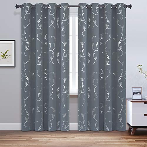 BUHUA Kids Room Darkening Curtains Silver Floral Print Blackout Curtains Grommet Curtains for Bedroom Window 52W×72L Light Grey 2 Panels - color: Light Grey, size: 52"W x 72"L (Pack of 2)