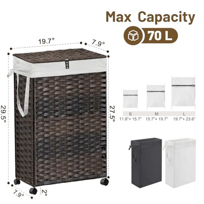 70L Slim Laundry Hamper with Lid & Wheels, 2-Park Rolling Laundry Basket with 4 Removable Liner Bags & 3 Mesh Bags, Narrow Dirty Clothes Basket, Foldable Handwoven Rattan Laundry Sorter, Brown