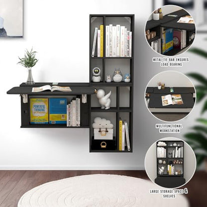 Floating Desk with Storage Shelves, 82'' Wall Mounted Desk Laptop Writing Study Table, Folding Drop Leaf Table, Multifunctional Computer Workstation for Narrow Small Space
