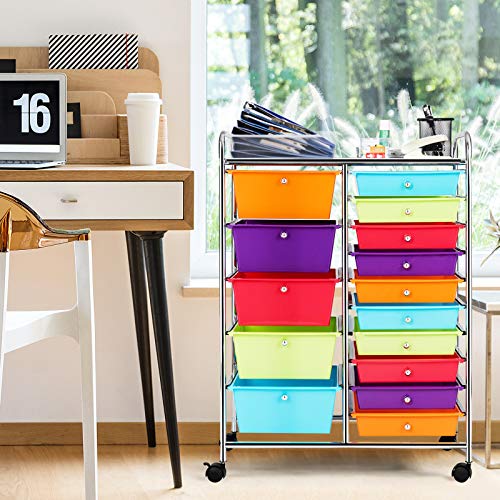 GOFLAME 15-Drawer Rolling Storage Cart, Craft Storage Cart with Removable Drawers & Lockable Wheels, Art Cart Supply Storage Organizer for Home Office Classroom, Multicolor - color: Multicolored, size: 15 drawer-25"x14.5"x34.5"