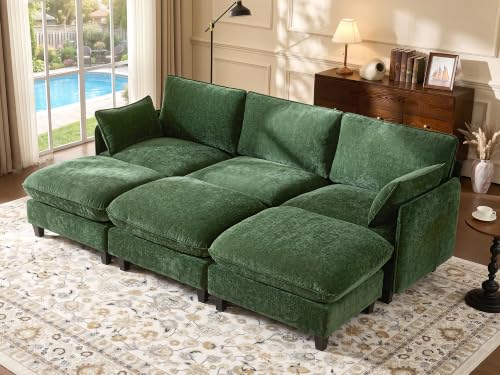 Ihanherry 105" Sleeper Sofa, Modular Sectional Cloud Couch with Oversized Large Cushions & 3 Movable Ottoman, Chenille Deep Seat Couch for Living Room, Green - color: Green, size: 105“ 6 Seat Sleeper Sofa