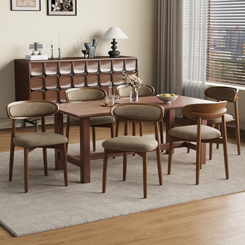 Wooden Dining Chairs Set of 6, Modern Fabric Upholstered Dining Room Chair, Kitchen Side Chairs, Farmhouse Dinner Chair with Curved Back for Kitchen, Camel - color: Camel, size: Set of 6