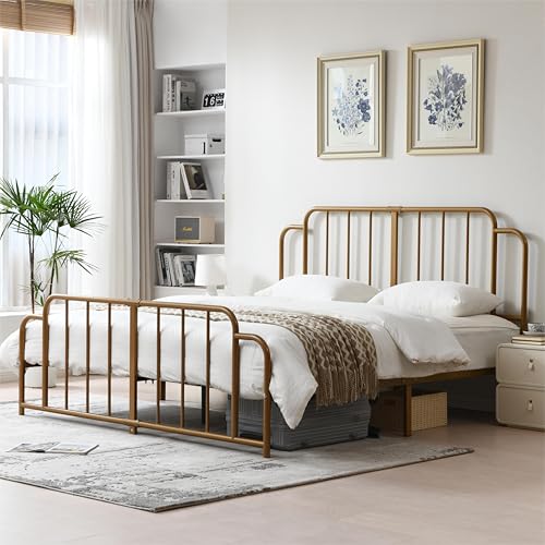 PINJU Metal Platform Bed Frame with Headboard and Footboard, Classic Style, Sturdy Metal Slats, No Box Spring Needed, Easy Installation (Gold, King) - color: Gold, size: King