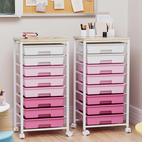 Rolling Cart with 8 Drawers, Storage Drawers Cart with Wooden Tabletop and Lockable Wheels, Craft Storage for Living Room, Office, Classroom, Craft Room, Bedroom - color: Pink