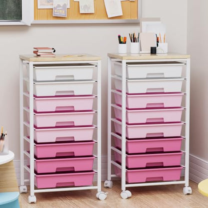 Rolling Cart with 8 Drawers, Storage Drawers Cart with Wooden Tabletop and Lockable Wheels, Craft Storage for Living Room, Office, Classroom, Craft Room, Bedroom - color: Pink