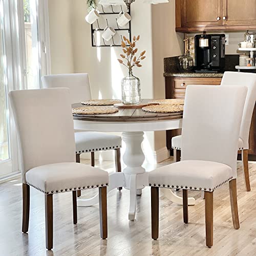 COLAMY Upholstered Parsons Dining Chairs Set of 4, Fabric Dining Room Kitchen Side Chair with Nailhead Trim and Wood Legs - Beige,No Table - size: set of 4