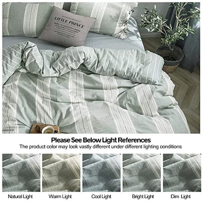 BISELINA Striped Duvet Cover Set 3pcs 100% Washed Cotton Linen Like Textured with Bowknot Bow Ties Strap Reversible Breathable Soft Comfy Chic Yarn Dyed Bedding (Full, Grayish Green) - color: Grayish Green, size: Full
