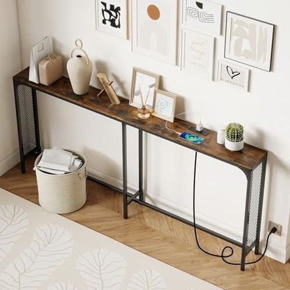 GIANTEX 71" Narrow Console Table with 2 Power Outlets and USB-C Ports | Sofa Table w/ Charging Station & Metal Frame, Skinny Behind Couch Tables, Long Entryway Tables for Living Room, Rustic Brown - color: Rustic Brown + Black