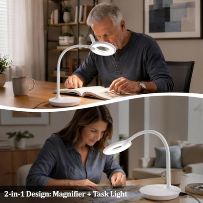 3X+6X Magnifying Glass with Light and Stand, Dimmable LED Magnifying Lamp | Flexible Gooseneck, Hands Free Magnifier, Magnification Lamp for Elderly Craft Hobby Painting Sewing Close Work,Weighted Base - color: White
