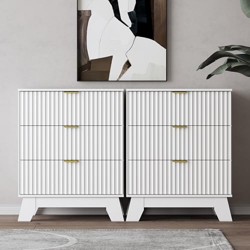 Night Stand Set 2, Bedside Table & End Table, Mid Century Modern Fluted Wood Nightstand with 3 Drawers & Metal Handles, Farmhouse Nightstand for Bedroom, White - color: White, style: 3 Drawers-2 PCS