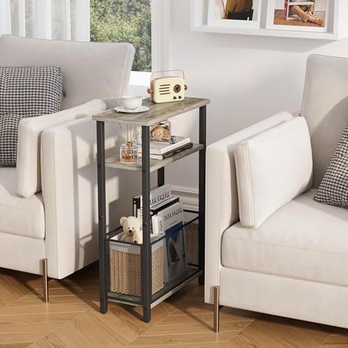 MMEOLUOOK Narrow Side Table with Storage Basket Skinny End Tables for Smalls Spaces 3 Tier Sofa Table Small Nightstand Slim Bedside Table for Living Room Bedroom Oak MLBZ22Q - color: Oak