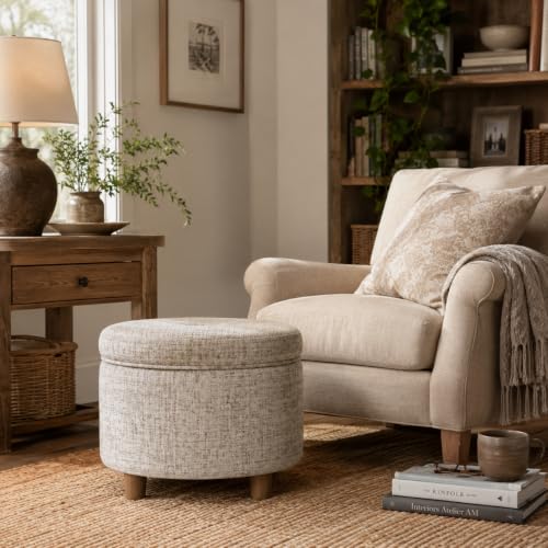 HomePop 24" Large Round Storage Ottoman - Cream Textural Woven - color: Cream Textural Woven