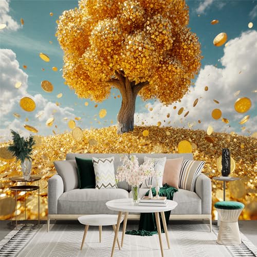 Custom Size Wall Sticker Mural，Golden Tree Money Coins Falling Sky，Removable SelfAdhesive Wall Fabric Large Photo Wallpaper for Living Room Bedroom