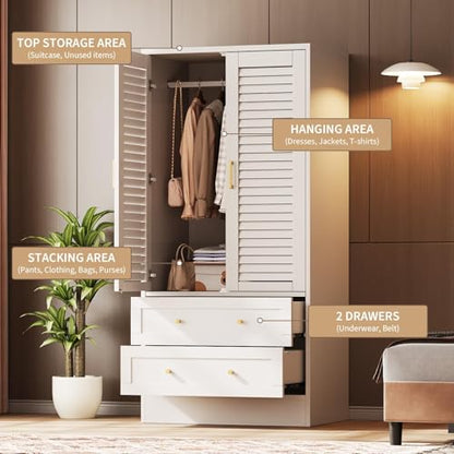 65" White Wooden Storage Cabinet, Freestanding Storage Cabinet with 2 Doors, 2 Drawers & Hanging Rod for Bedroom, Cloakroom, Laundry Room & Entrance Hall, White