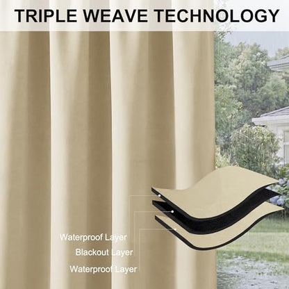 RYB HOME 2 Panels Windproof Outdoor Curtains - Weighted Blackout Waterproof Drapes Thermal Insulated Privacy Draperies for Pergola Porch Sliding Door, Biscotti Beige, Wide 52 x Long 108 | Waterproof Drapes Thermal Insulated, Privacy Draperies for Pergola