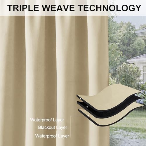 RYB HOME Windproof Curtains Outdoors - Waterproof Blackout Shade Thermal Insulated Weighted Drapes for Porch Gazebo Pergola Garage Sun Room Decor, 52 Width x 96 inch Length, 2 Panel, Beige | Thermal Insulated, Weighted Drapes for Porch Gazebo Pergola Gara