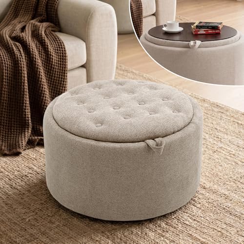 Tbfit Multi-Functional Round Storage Ottoman for Home - No-Assembly Footrest & Seat with Spacious Storage Plush Fabric Design for Living Room, Bedroom, Nursery (Khaki) - color: Khaki
