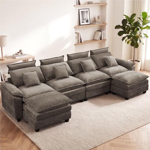 134'' U Shaped Sectional Couch, Cloud Deep Seat Sofa Couch with 2 Ottoman, Detachable Headrest, Oversized Modular 5 Seater Sofas for Living Room, Brown - color: Brown, size: U Shaped Couch