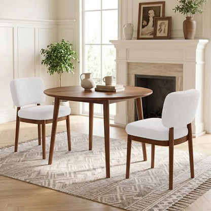 Wooden Dining Chairs Set of 2, Boucle Upholstered Kitchen Chairs with Solid Wood Legs, Mid Century Modern Dining Chairs, Farmhouse Side Chair with Hardwood Frame for Dining Room, White - color: White, size: Set of 2