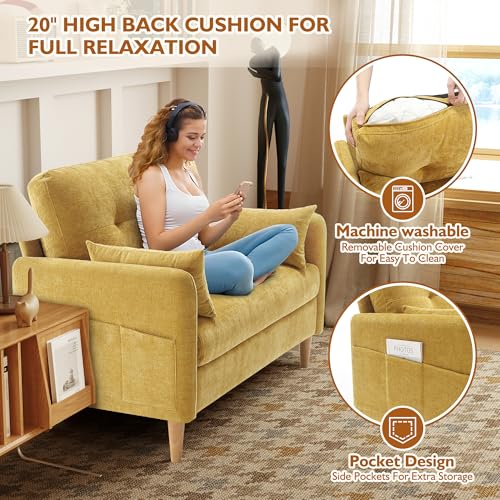 Urhanherry 47" Small Sofa Couch for Bedroom, Soft Chenille loveseat Mini Couch with Throw Pillow and Removable Cushion Cover for Small Spaces, Living Room, Apartment, Dorm, Office(Yellow) - color: Yellow
