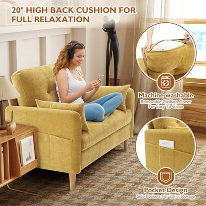 Urhanherry 47" Small Sofa Couch for Bedroom, Soft Chenille loveseat Mini Couch with Throw Pillow and Removable Cushion Cover for Small Spaces, Living Room, Apartment, Dorm, Office(Yellow) - color: Yellow
