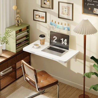 Dogsky 24" x 14" Floating Wall Desk, Fold Down Wall Table - 100 lbs Heavy Duty Solid Pine Wall Mount Folding Desk for Home Office, Laundry Room, Kitchen & Small Apartment, White - color: White, size: 24'' x 13.7'' x 6.3''