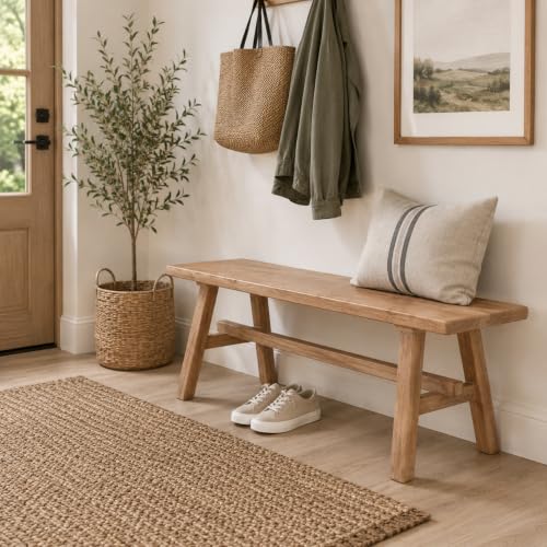 Solid Wood Bench, 39.4" Entryway Bench, Rustic Farmhouse Wooden Bench Indoor, Long Narrow Wood Bench for Dining Room, Hallway, Bedroom End of Bed, Living Room - size: 39.4in