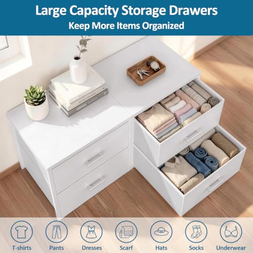 2 Fabric Drawer for Closet Storage: Stackable Dresser, White | Short Clothes Organizer Drawers with Metal Frame, 21"W x15.7"D Low Dresser for Inside Closet, Bedroom, Nursery & Small Spaces