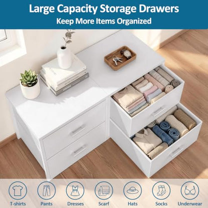 2 Fabric Drawer for Closet Storage: Stackable Dresser, White | Short Clothes Organizer Drawers with Metal Frame, 21"W x15.7"D Low Dresser for Inside Closet, Bedroom, Nursery & Small Spaces