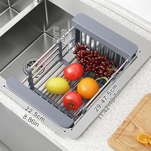 Extend Kitchen Sink Drain Basket, Adjustable Length 11.42-18.7in, Stainless Steel Dish Drying Rack for Kitchen, Retractable Over The Sink Drainer for Dishes, Fruits, Vegetables (Gray) - color: Gray