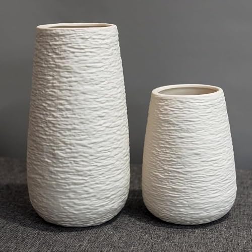 LIFFY Ceramic Flower Vase Set of 2, Home Decor Simple Modern Stereo Grain Table Decorative Vases for Dinning Room, Living Room, Bathroom, Office, Coffee Desk, Fireplace, Gift for Mother, Wife - color: White