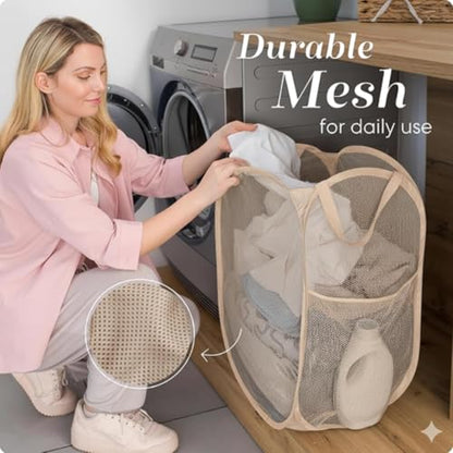 Handy Laundry Collapsible Mesh Pop Up Laundry Hamper with Side Pocket, Breathable & Space-Saving Foldable Basket for Clothes, Toys, Travel, Storage, 14 x 13 x 24 in, Beige - color: Beige