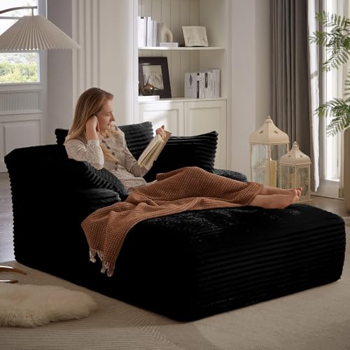 49.2" Oversized Chaise Lounge Chair, Deep Seat Upholstered Cozy Cloud Couch, Modern Corduroy Floor Sleeper Sofa Bed, Reading Chair for Living Room, Bedroom, Apartment, Office, Indoor, Black - color: Black, size: 49.2"