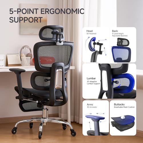 Office Chair with Footrest, Ergonomic Chair with Neck Pillow & Rubber Wheels, Computer Chair with Adjustable Backrest & 3D Armrests Headrest, Gaming Chair Adaptive Lumbar Support, Black - color: Black, style: Pro