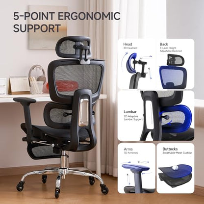 Office Chair with Footrest, Ergonomic Chair with Neck Pillow & Rubber Wheels, Computer Chair with Adjustable Backrest & 3D Armrests Headrest, Gaming Chair Adaptive Lumbar Support, Black - color: Black, style: Pro