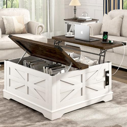 Hlivelood 36" Farmhouse Movable Lift Top Coffee Table with Storage and Power Outlets, Square Wood Living Room Tables with Wheels&Large Hidden Space, Lift Wooden Barn Door Center Table, White - color: White